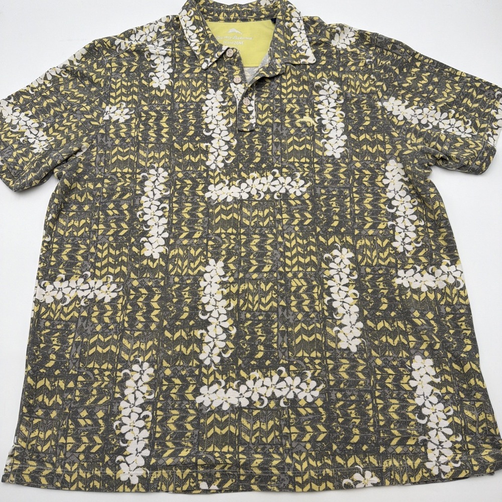 Tommy Bahama Polo Shirt Mens XL Gray Yellow Hawaiian islandZONE Tropical Graphic